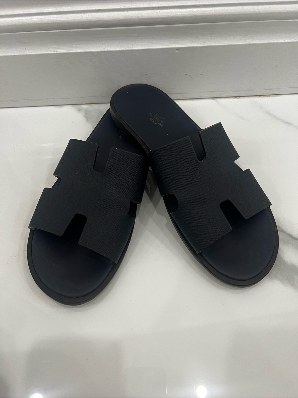 Men Hermes Izmir Sandals Epson Leather Slide Flats Navy Blue Marine  EU43 /US 10
